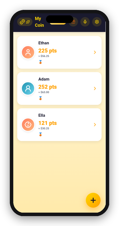My Coin home screen showing today's chores and coin balance