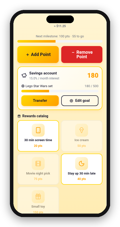 My Coin goals screen showing progress toward toys and rewards